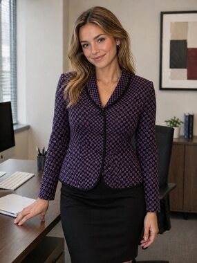 Expressions Purple Patterned Blazer with Black Trim